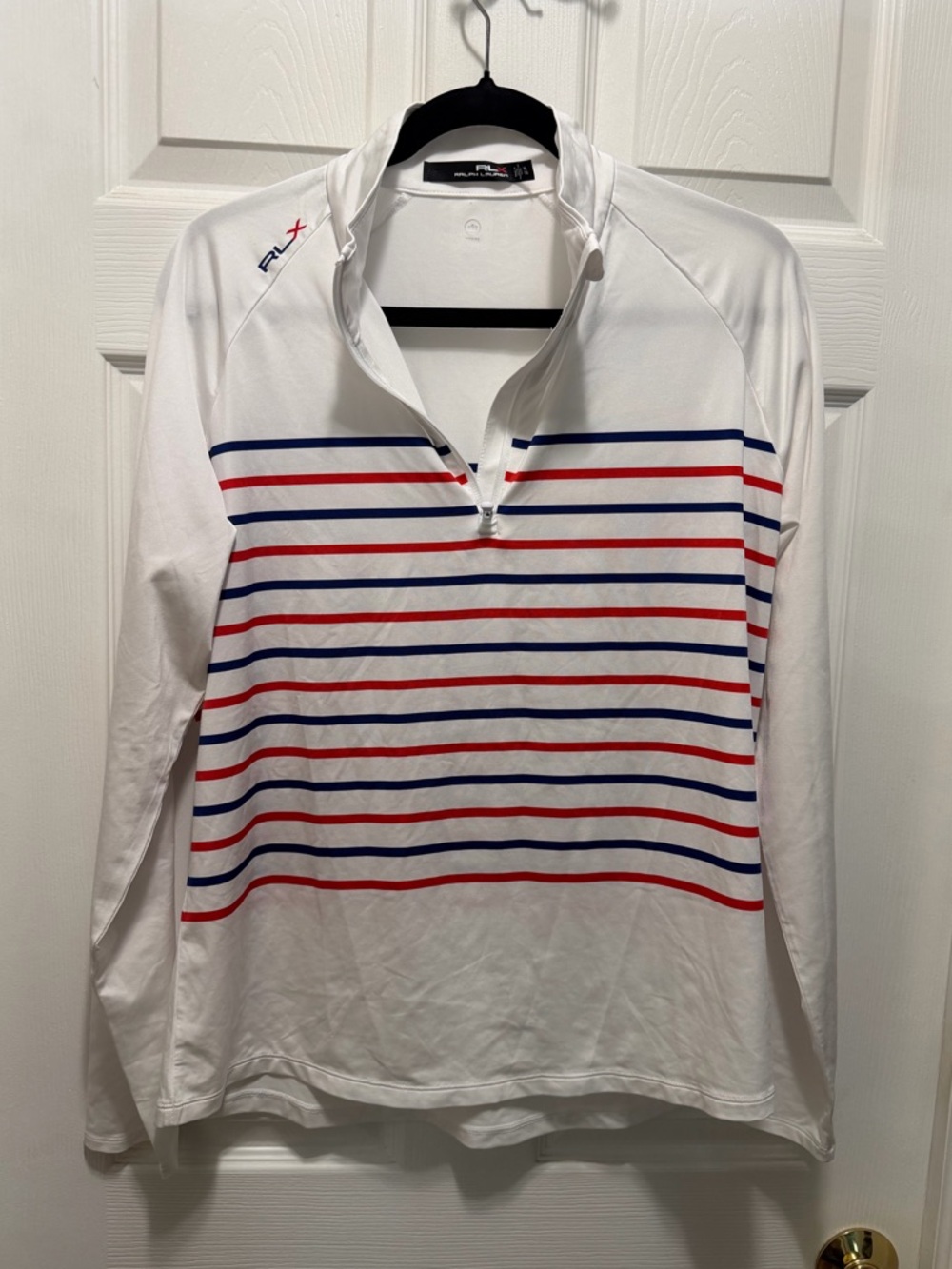 RLX Ralph Lauren White Performance Crew Neck Shirt with Blue Red Stripes